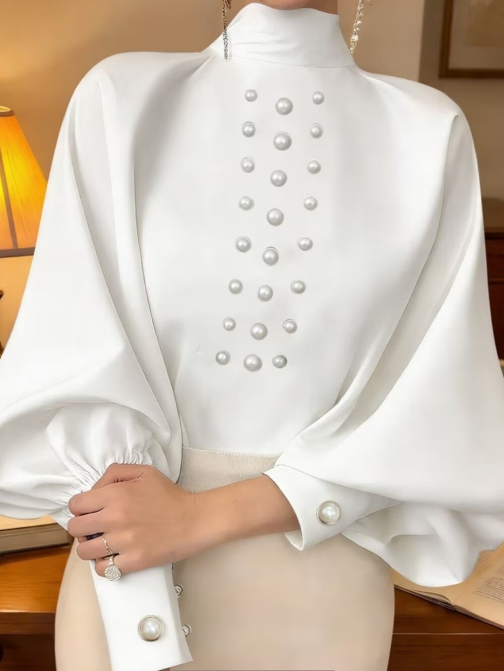 Elegant White Pearl-Accent Blouse